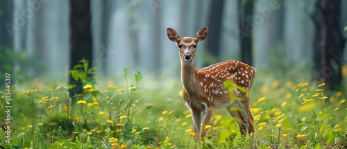 A portrait of deer among woods with a big blurry backdrop with big space for text or product advertisement purpose, Generative AI.