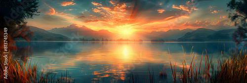 Serene Lake Sunset: The sun sets over a calm lake, casting golden hues reflections in the water