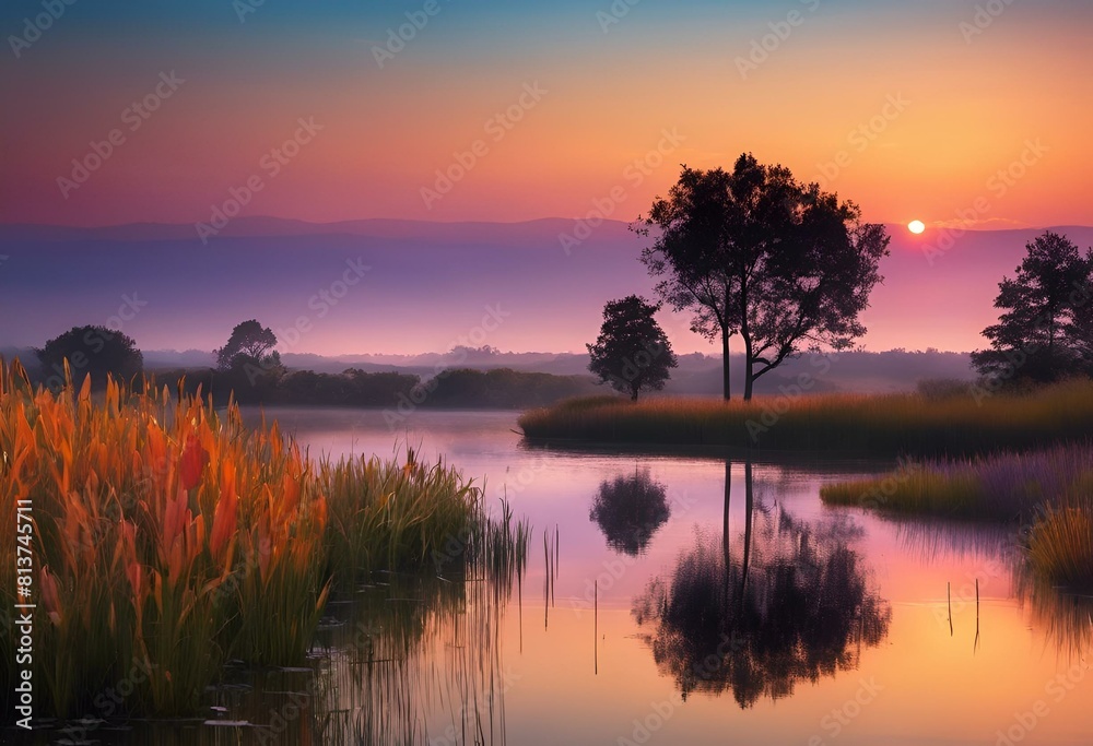 Sunrise over rural landscape with tall grass and trees reflecting in water, AI-generated.