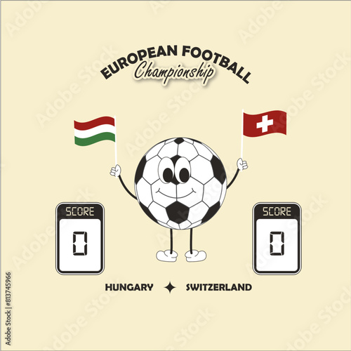 European Football Championship. Match between Hungary and Switzerland. Balloon character holding the flags of both countries. Determinate pointage. For game bets. illustration for matches. Forecast