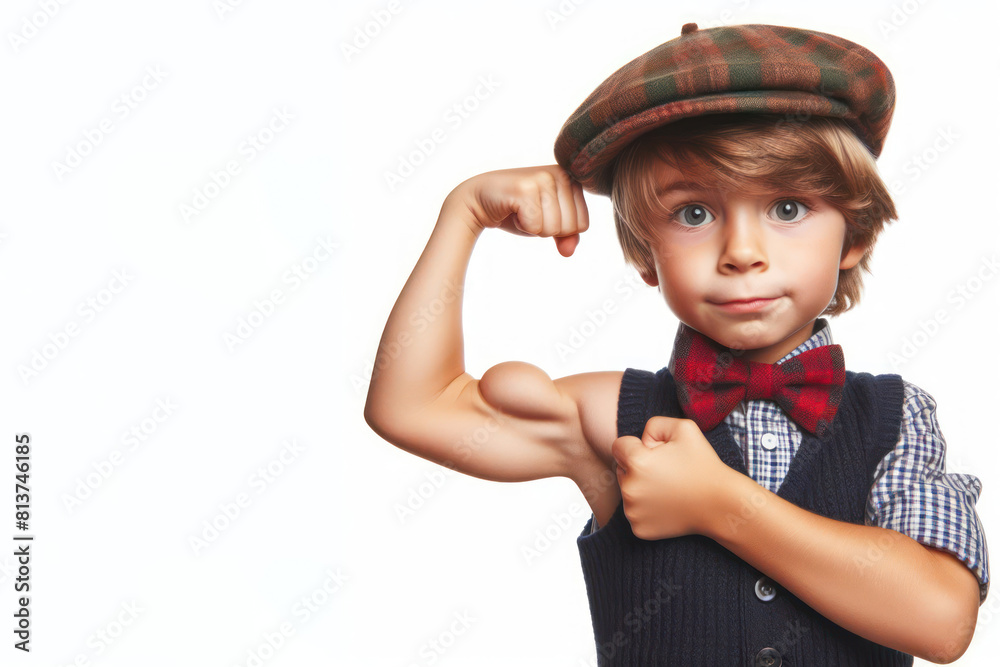 funny and ridiculous child shows his biceps isolated on a white background funny and ridiculous child shows his biceps isolated on a white background