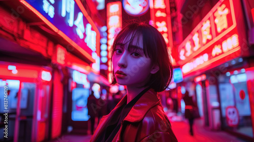 Beautiful Asian girl. Portrait on the streets of a night city in neon color