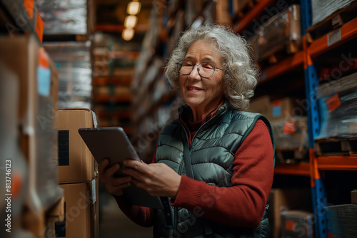 Thoughtful senior woman in eyeglasses holding a tablet while working in a warehouse.