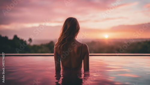 Portrait of woman in infinity pool in Bali, sunset view  © abu