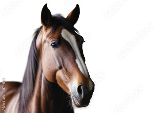 Horse face on isolated transparent background PNG. Beautiful horse a on white background with space for text. Space for copying. Stallion brown. Concept animals. Social media, presentation, website
