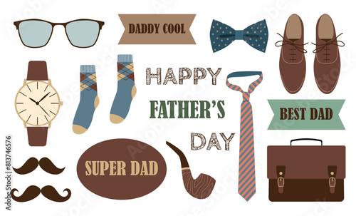Father's day set. Men's clothing and accessories. Holiday concept. Isolated vector illustration for your design