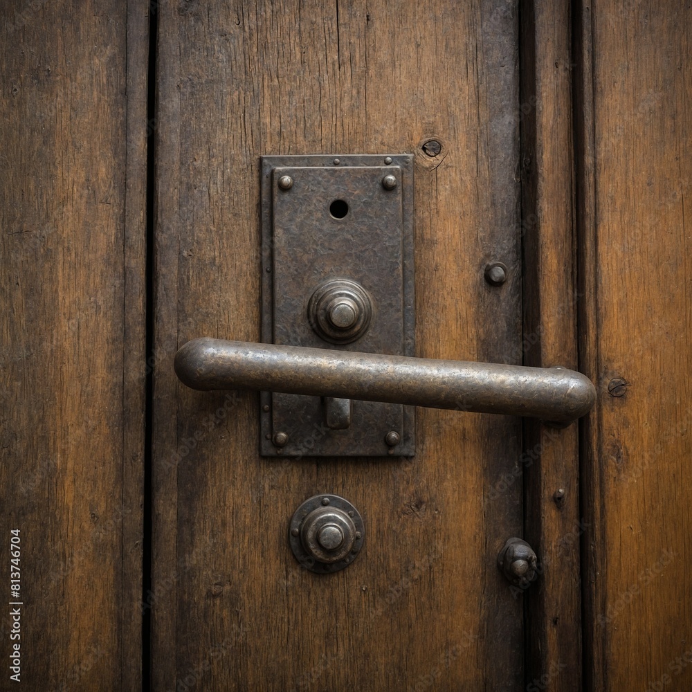 Rustic metal door handle on aged wooden door, showcasing textures, details that hint at frequent use, exposure to elements. Handle mounted on rectangular backplate with visible screws. Rustic metal door handle on aged wooden door, showcasing textures, details that hint at frequent use, exposure to elements. Handle mounted on rectangular backplate with visible screws.