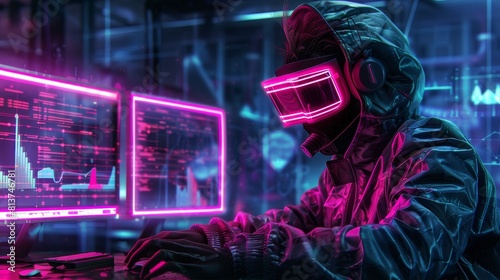 Cyber fantasy scene of a rogue hacker with neon visor analyzing encrypted financial data photo
