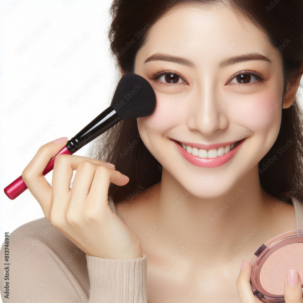 A woman is smiling and applying makeup on her face isolated on white background A woman is smiling and applying makeup on her face isolated on white background