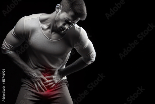 A man is worried groin pain on a black background photo