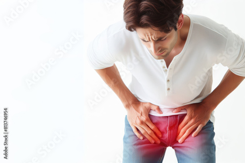 A man is worried groin pain on a white background photo