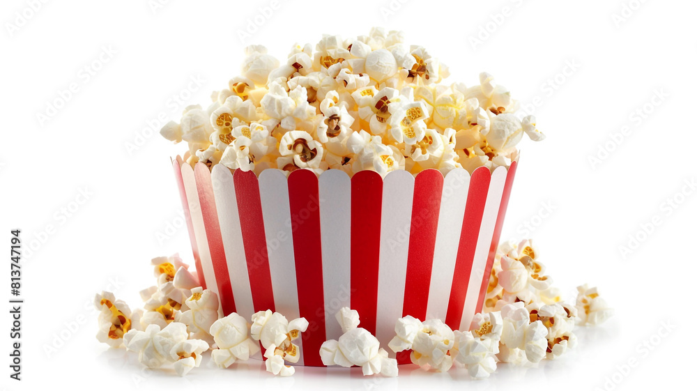 Popcorn in red and white striped paper bucket isolated on white background, Popcorn in red and white striped paper bucket isolated on white background,