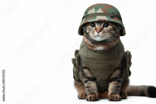 Cat sit wear a military bulletproof vest and helmet isolated on a white background © Anna