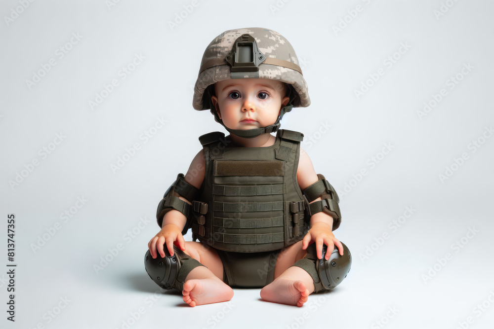 Baby sit in a military bulletproof vest and helmet isolated on a white background