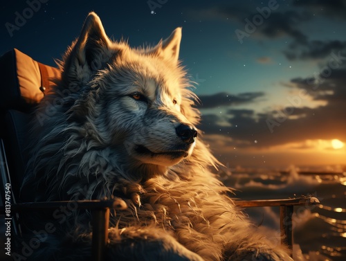 A wolf is sitting on a chair in the clouds  looking out at the sunset