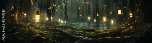 Aesthetic shot of fireflies at dusk, their lights harmoniously twinkling in the dark, magical woodland setting photo