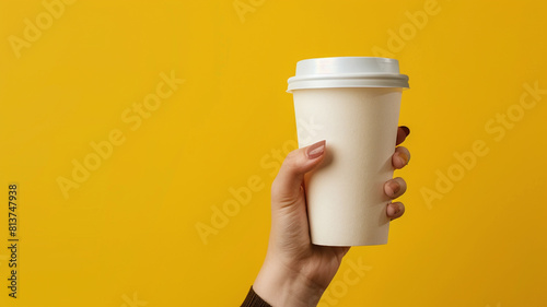 female hand holding a blank white coffee cup mockup on a yellow background