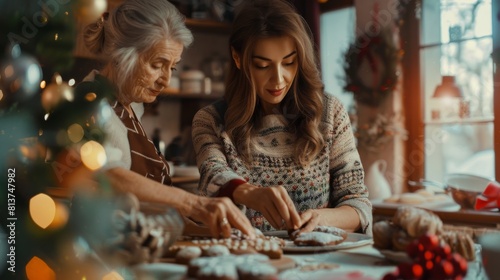 An adult woman makes gingerbread with her elderly mother, while her daughter-in-law helps. They are making pastries for family and friends.