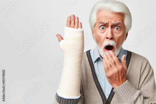 elder person surprised with a cast on his finger on a white background