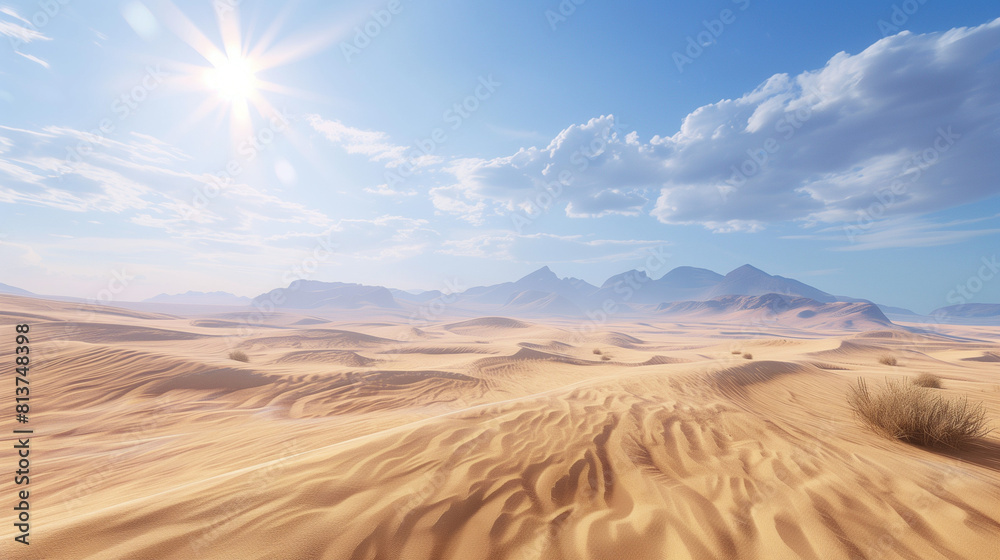 Expansive Desert Landscape with Rolling Sand Dunes and Bright Sunlight Expansive Desert Landscape with Rolling Sand Dunes and Bright Sunlight
