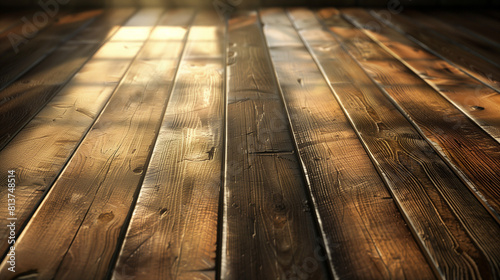 Rustic Wooden Floorboards with Warm Sunlight and Shadows, Textured Surface