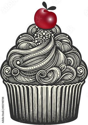 Topping mit Kirsche im Cupcake Förmchen ornamental verziert in schwarz weiß und roter Kirsche photo