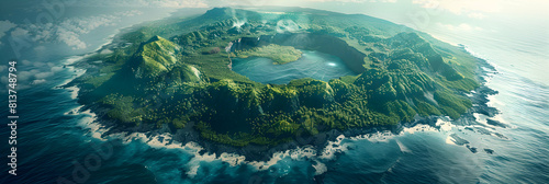 Photo realistic aerial view of a volcanic island showcasing lush vegetation against barren lava fields photo