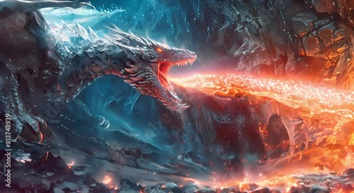 Animation of a dragon spewing fire in a cave. moving illustration photo