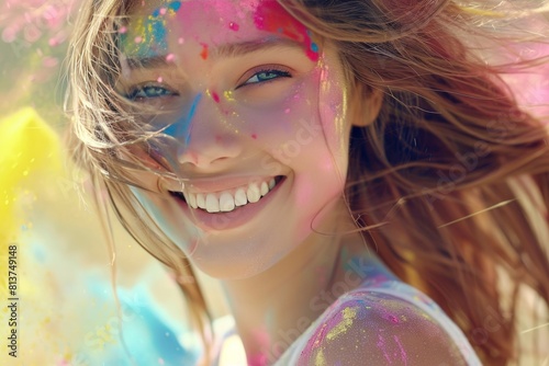 Vibrant celebration woman s radiant smile in a colorful world, a joyful moment captured