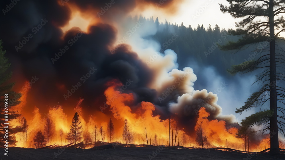 Burning forest in summer due to drought and burning soil with peat