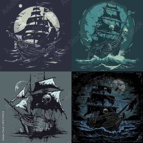 Dark pirate ship illustration set featuring eerie sailing vessels under moonlight with skull motifs and stormy seas. Ideal for fantasy, horror, or nautical-themed designs.