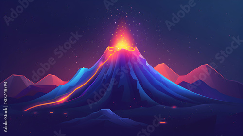 Active Volcano Night Sky: Isometric Flat Design Icon of Lava Trail under Starry Sky Illuminating Dark Landscape