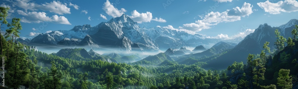 Mountains with trees and clouds in the background. Nature background. Banner