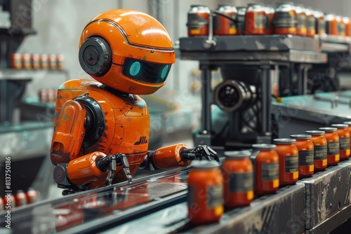 AI robot works automatically at an energy drink production plant, production conveyor line