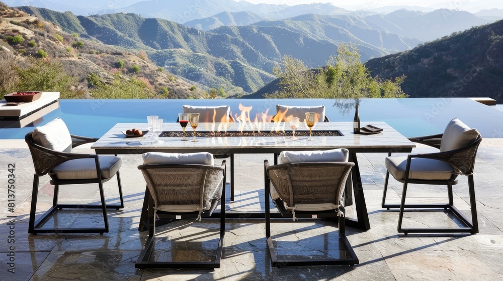Fototapeta premium a high-end outdoor dining experience, featuring a luxurious marble-top table with an angled marble plinth base and a mesmerizing gas fire feature.