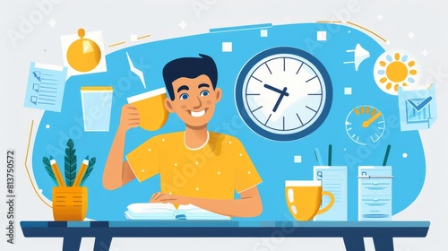 Conceptual illustration of deadline and time management business ideas. A happy employee sits at a desk, drinks coffee during his break, checks his tasks. Fixed task or to-do list on board. photo