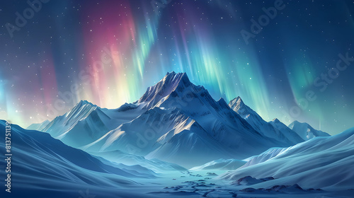Vivid Northern Lights Dance Over Snow Capped Mountains: Isometric Flat Design Icon of Aurora Creates Mesmerizing Winter Landscape © Gohgah
