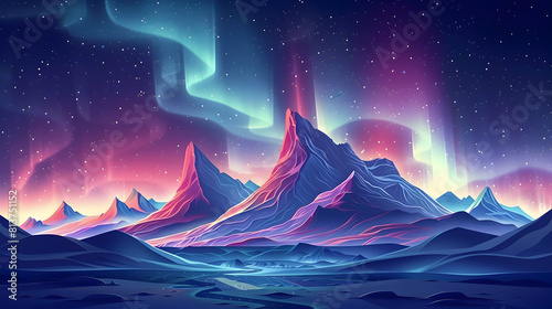 Aurora Over Frozen Tundra: A Vast Arctic Spectacle Simple Flat Design Isometric Scene Illustration of Northern Lights Dance on Stark Winter Landscape