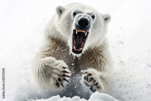 polar bear in furious attack isolated on white background