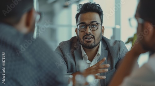 In an office meeting room, a handsome Indian specialist discusses an organization's strategy with a diverse group of businesspeople. A talented startup team discusses financial reports in an