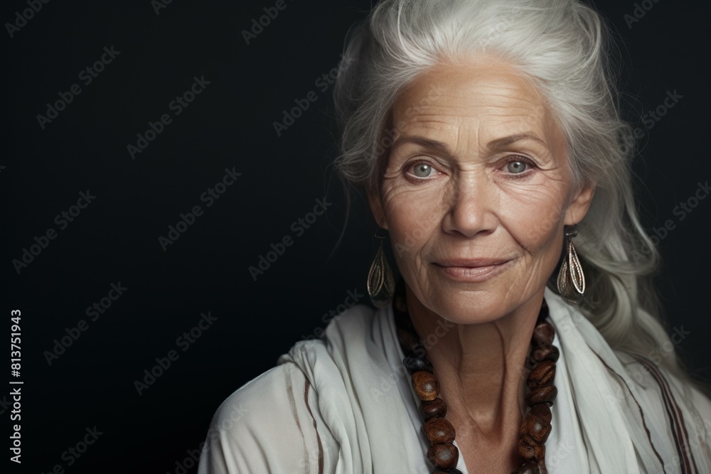Portrait of a graceful elderly woman with silver hair and striking features against a dark background Portrait of a graceful elderly woman with silver hair and striking features against a dark background