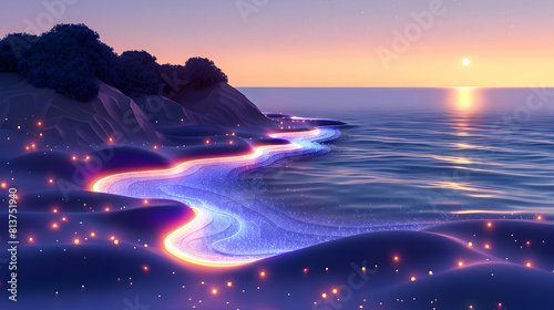 Bioluminescent Beach at Twilight: Glowing Waves Transforming the Coastline Isometric Flat Design Concept