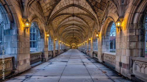 three levels of intricately carved corridors extend gracefully between two academic buildings  showcasing the meticulous craftsmanship and rigorousness of scholarly pursuit.