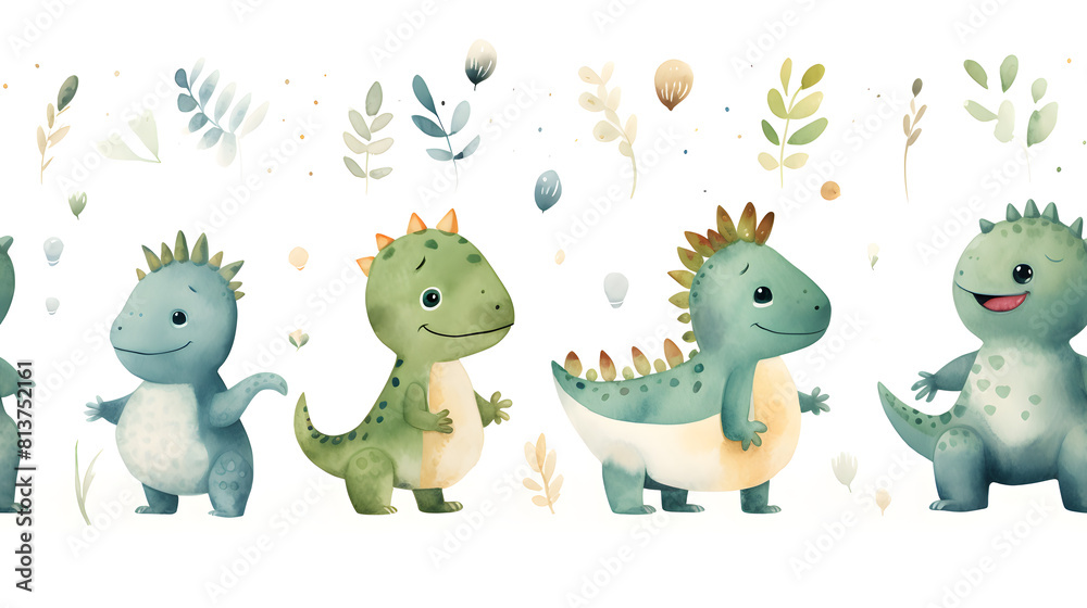 Naklejka premium watercolor nursery style dinosaur clip art pattern abstract graphic poster background