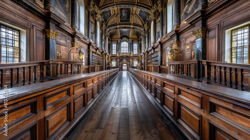 three levels of intricately carved corridors extend gracefully between two academic buildings  showcasing the meticulous craftsmanship and rigorousness of scholarly pursuit.