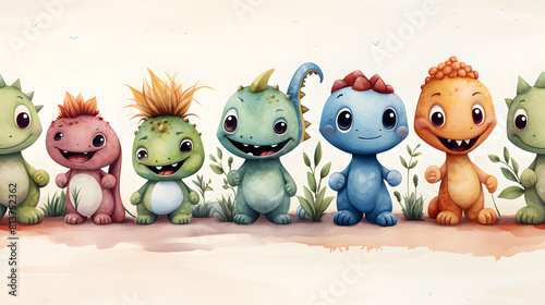 Fototapeta Naklejka Na Ścianę i Meble -  watercolor nursery style dinosaur clip art pattern abstract graphic poster background