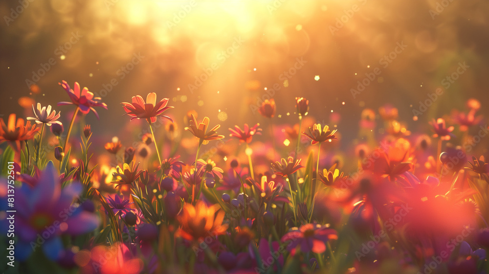 Vibrant Wildflowers in Bloom at Sunset with Golden Light