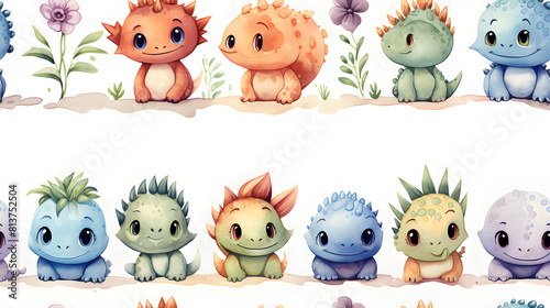 Fototapeta Naklejka Na Ścianę i Meble -  watercolor nursery style dinosaur clip art pattern abstract graphic poster background
