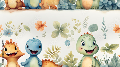 Fototapeta Naklejka Na Ścianę i Meble -  watercolor nursery style dinosaur clip art pattern abstract graphic poster background