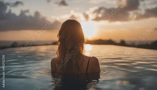Portrait of woman in infinity pool in Bali, sunset view 